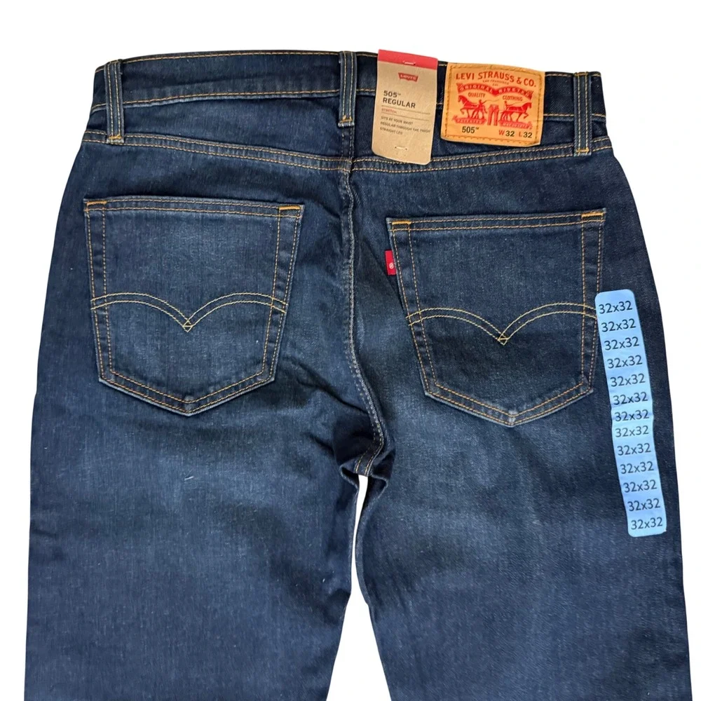 New Levi's 505 Regular Fit Jeans Mens 32x32 Dark Wash Stretch Straight Leg
